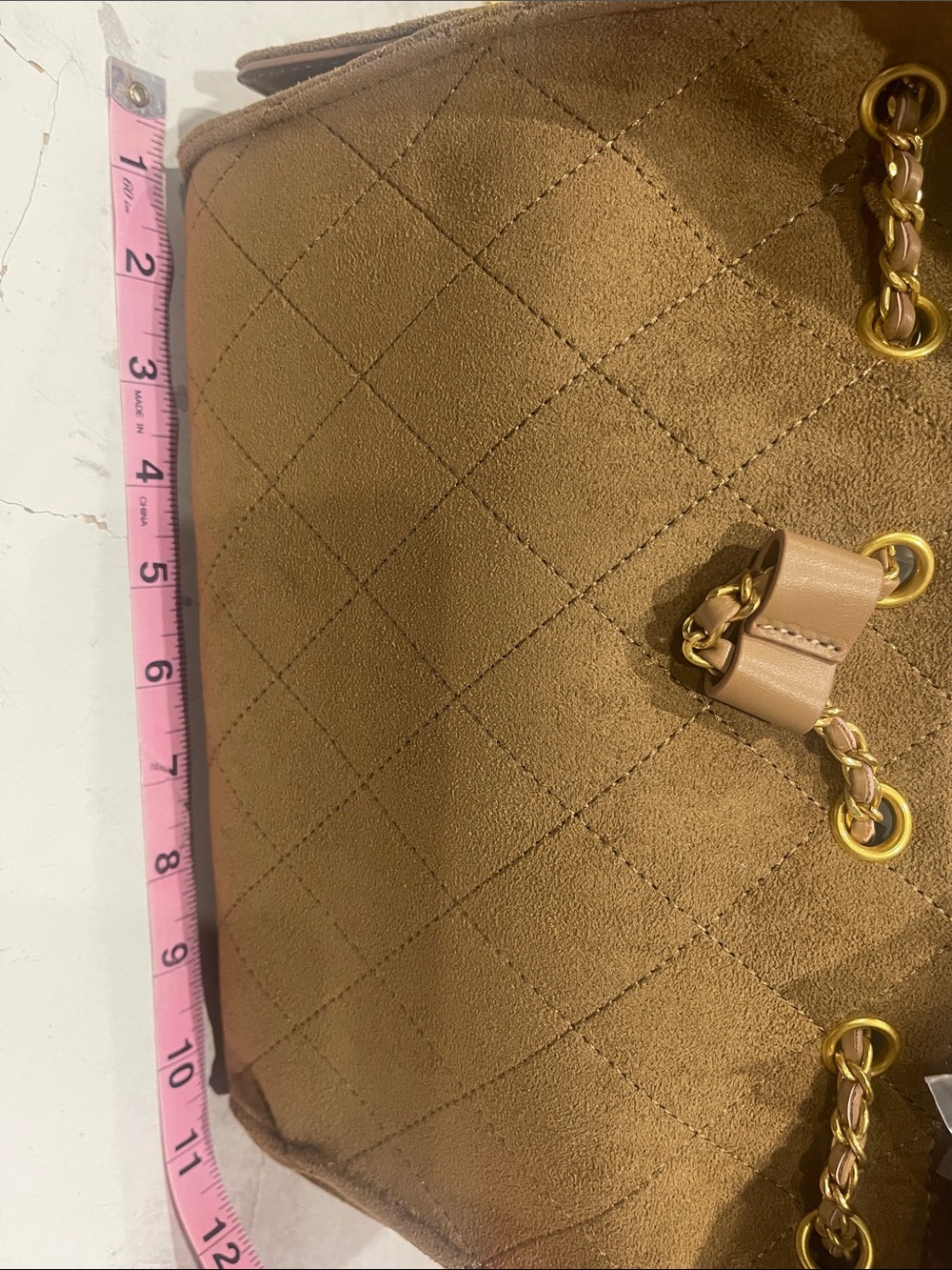 Quilted Drawstring Shoulder Bag in Camel - Picture 5 of 7